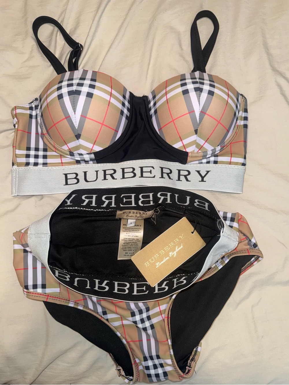 Burberry Classic Check Two-Piece Swimsuit in Beige and Black